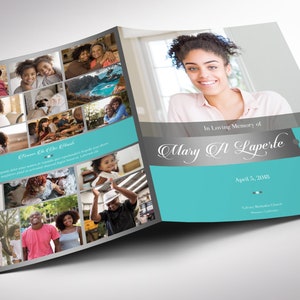 Remember Silver Teal Funeral Program Word and Publisher Large Template - 8 Pages, Print Size 17x11 inches, bifold to 8.5x11 inches is designed for memorial or funeral services.