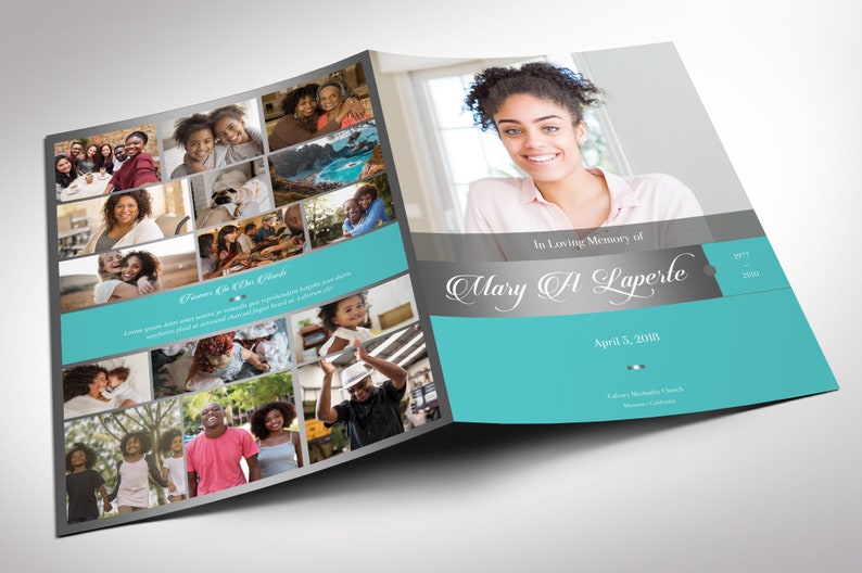 Remember Silver Teal Funeral Program Word and Publisher Large Template - 8 Pages, Print Size 17x11 inches, bifold to 8.5x11 inches is designed for memorial or funeral services.