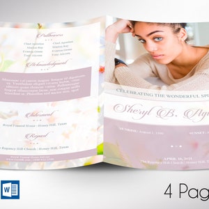 May include: A pink and white floral funeral programme with a photo of a young woman. The programme includes the name "Sheryl B. Agustina", the dates "August 1, 1990" and "April 4, 2021", and the text "Celebrating the Wonderful Spirit of".