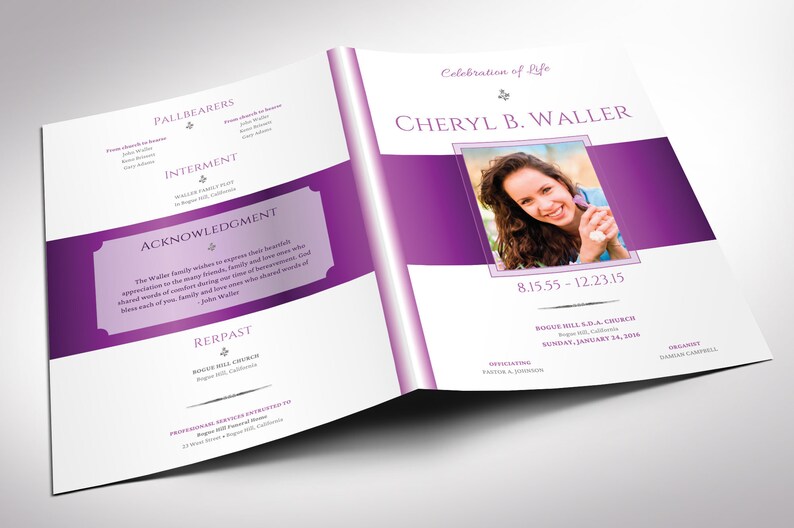 White Purple Tabloid Funeral Program Template, Canva Template, Celebration of Life, Obituary Program, 4 Pages 11x17 in image 3