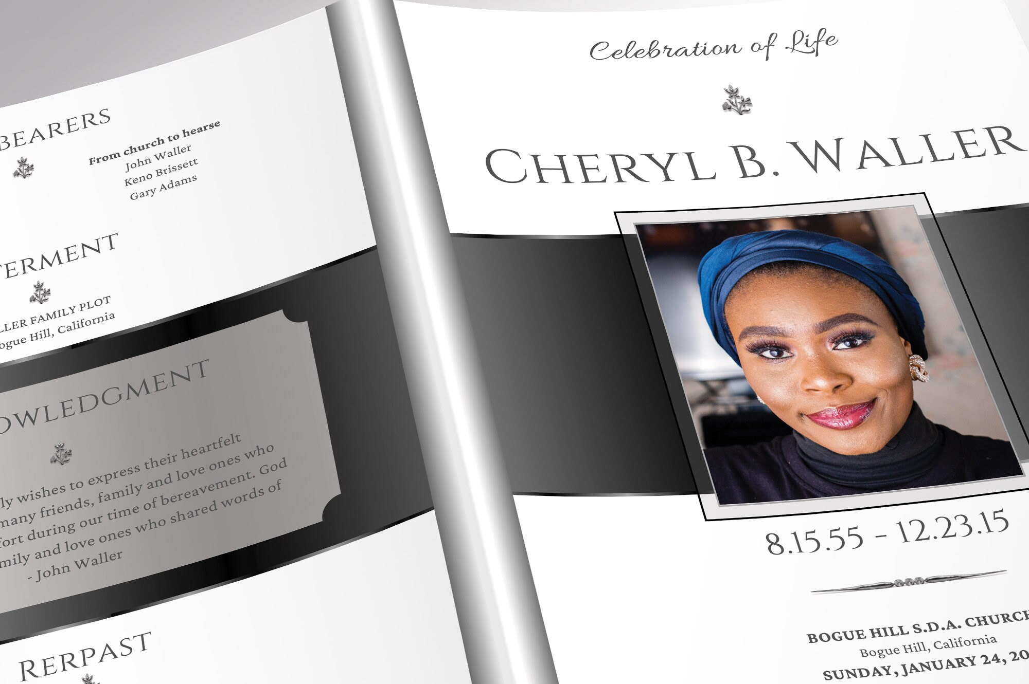 Black & White Funeral Program Template for Canva: 8-page Bifold