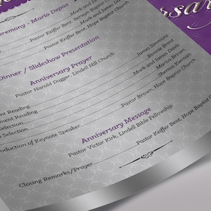 Silver Purple Church Anniversary One Sheet Program Template, Word Template, Publisher Pastor Appreciation 5.5x8.5 in image 7