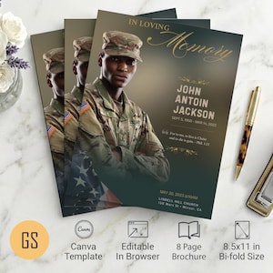 Army Funeral Program Template | Canva: Green & Gold 4 Page Bifold Obituary (8.5x11) Digital Download