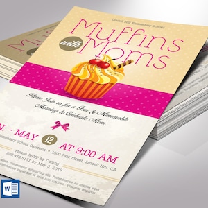 Muffins Moms Flyer Template Word Publisher Parent-Teachers, Meeting Invitation, Mothers Day 5x8 in image 1
