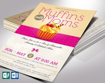 Muffins Moms Flyer Template Word Publisher | Parent-Teachers, Meeting Invitation, Mothers Day | 5x8 in