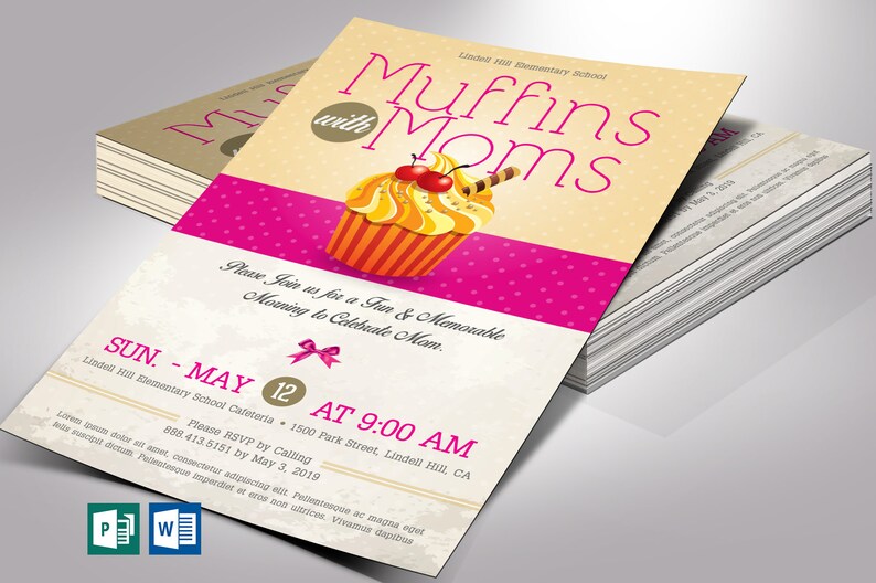 Muffins Moms Flyer Template Word Publisher Parent-Teachers, Meeting Invitation, Mothers Day 5x8 in image 1