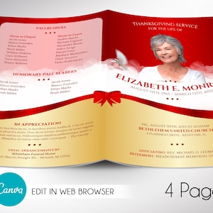 Red Ribbon Funeral Program Canva Template, Print Size: 11 x 8.5 inches, Bi-Fold Size: 5.5 x 8.5 inches, has a red ribbon over a golden background and clouds.  It is for Victorian-style commemorative or funeral service.