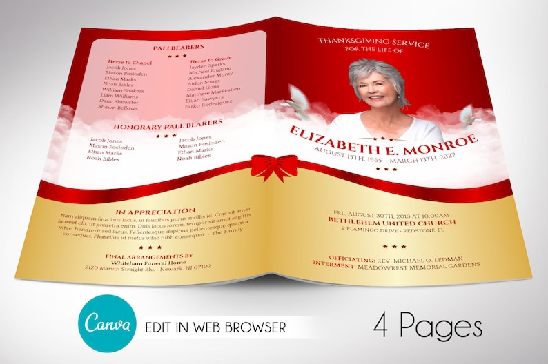 Red Ribbon Funeral Program Canva Template, Print Size: 11 x 8.5 inches, Bi-Fold Size: 5.5 x 8.5 inches, has a red ribbon over a golden background and clouds.  It is for Victorian-style commemorative or funeral service.