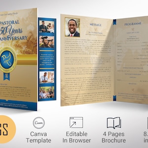 Clergy Anniversary Program Canva Template: Blue & Gold Church Event, 11x17&quot; (Digital Download)