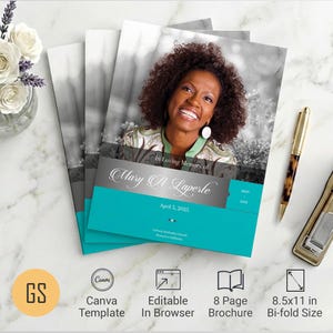 Teal & Silver Funeral Template: 8-seitiger Nachruf für Canva ( 8.5x11) Digitaler Download)