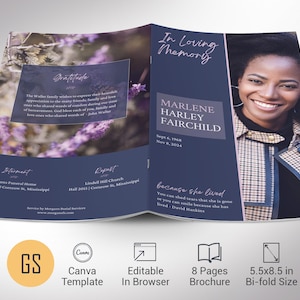Plantilla de Canva para programa funerario de Purple Nature, morado y lavanda, celebración de la vida, obituario de una mujer, 8 páginas, media carta, 5.5 x 8.5 pulgadas