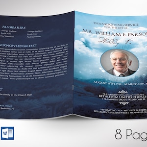 Blue Sky Funeral Program Template | Word Template, Publisher | Celebration of Life | 8 Pages | Bifold to 5.5x8.5 inches