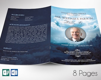 Blue Sky Funeral Program Template | Word Template, Publisher | Celebration of Life | 8 Pages | Bifold to 5.5x8.5 inches