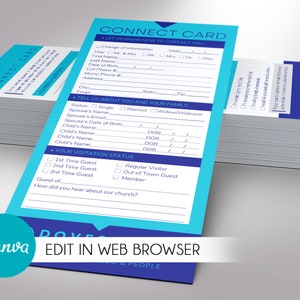 Modelo de cartão de conexão moderno Canva - Azul-marinho ciano, Conexão com convidados, Cartão de boas-vindas da igreja, Editável para impressão, Download digital, 4 x 9 pol.