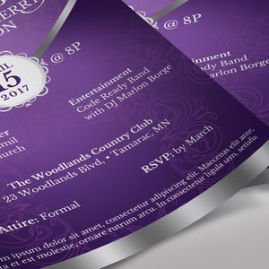 Purple Silver Anniversary Flyer Template - Word and Publisher is 5.5x8.5 inches. The Banquet Invitation is created with a deep lavender background and highlighted with silver. Great for church anniversaries, wedding anniversaries, pastor appreciation