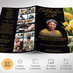 Plantilla de programa funerario para Canva, rosa amarilla, negro y dorado, celebración de la vida, plantilla de obituario para mujeres, 8 páginas, 5,5 x 8,5 pulgadas