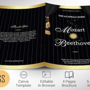 The Musical Event Program Template for Canva has 4 Pages. It features a black and gold background with gold decals and a pair of tassels. The Print Size of 11x8.5 inches is Bifold to 5.5x8.5 inches. The concert program is a bi-fold brochure