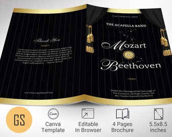 Musical Event Program Template, Canva Template, Black and Gold, Fundraiser Event, Concert Program | 4 Pages | 5.5x8.5 in