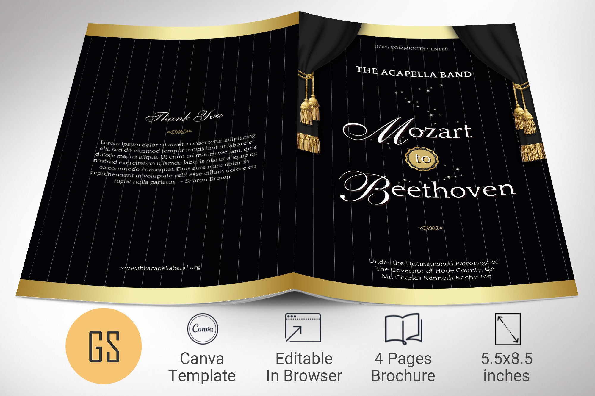 Black & Gold Musical Event Program Template: 4-page Bifold Concert