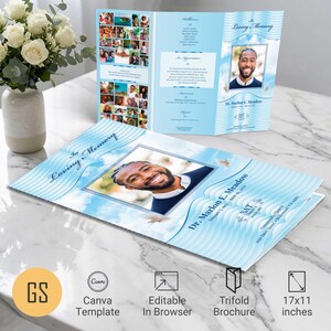 Baby Blue Waves Funeral Program Template | Canva: Tabloid Trifold Memorial Obituary (11x17) Digital Download