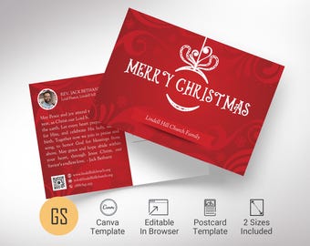 Red Christmas Church Postcard Canva Template 6x4 and 8.5x5.5 Holiday Greeting Invitation Card