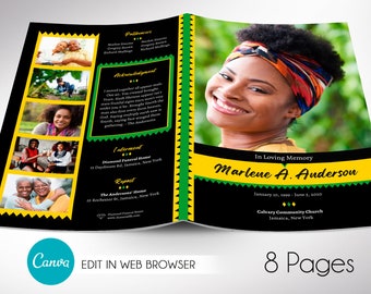 Jamaican Funeral Program Template, Canva Template | Celebration of Life, Obituary Program, 8 Pages | 5.5x8.5 inches