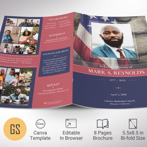 Plantilla de programa de funeral militar estadounidense para Canva, celebración de la vida, plantilla de obituario para hombres, veteranos, 8 páginas, 5,5 x 8,5 pulgadas V1