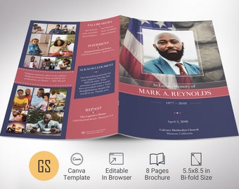 American Military Funeral Program Template, Canva Template 1, Celebration of Life, Obituary Program | 8 Pg | 5.5x8.5 in