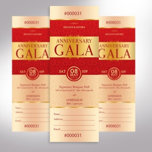 Elegant Anniversary Gala Ticket Word Publisher Template, Size: 2”×6”, is designed with red and gold, and 7 additional color backgrounds are included. Great for Church Anniversary Banquets, Pastor Anniversary Galas, and Balls.