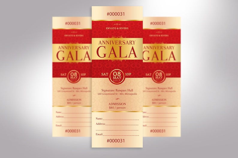 Elegant Anniversary Gala Ticket Word Publisher Template, Size: 2”×6”, is designed with red and gold, and 7 additional color backgrounds are included. Great for Church Anniversary Banquets, Pastor Anniversary Galas, and Balls.