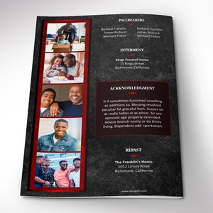 Red Rock Funeral Program Word and Publisher Template has 8 Pages. Black and Red Rock textures and a gradient are used for this rustic modern obituary template. The Print Size is 11 x 8.5 inches, Bi-Fold Size: is 5.5 x 8.5 inches.