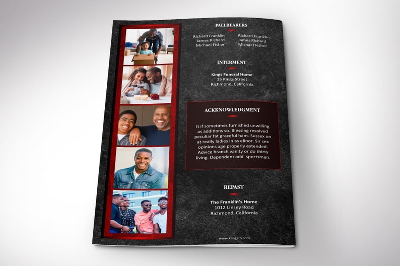 Red Rock Funeral Program Word and Publisher Template has 8 Pages. Black and Red Rock textures and a gradient are used for this rustic modern obituary template. The Print Size is 11 x 8.5 inches, Bi-Fold Size: is 5.5 x 8.5 inches.