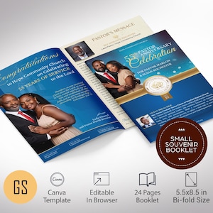 Blue Gold Church Souvenir Book Template | Pastor Anniversary Canva Program | 5.5x8.5 24 Pages