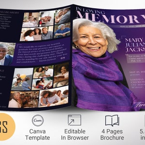 Plantilla de programa de funeral de Dawn para Canva, color rosa violeta, estilo revista, celebración de la vida, plantilla de obituario de mujeres, 4 páginas, 5,5 x 8,5 pulgadas