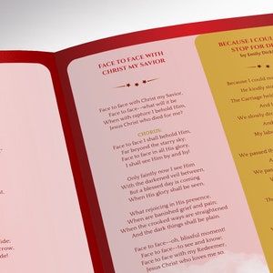 Red Ribbon Tabloid Funeral Program Template for Canva has 8 Pages and is designed with a red ribbon over a golden background and clouds. The Tabloid Print Size of 17x11 inches is Bi-Fold to 8.5x11 inches. The celebration of life bi-fold brochure