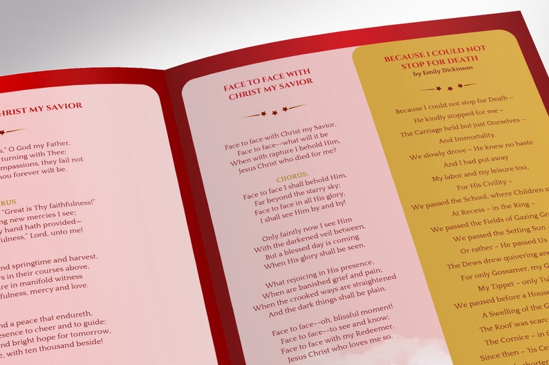 Red Ribbon Tabloid Funeral Program Template for Canva has 8 Pages and is designed with a red ribbon over a golden background and clouds. The Tabloid Print Size of 17x11 inches is Bi-Fold to 8.5x11 inches. The celebration of life bi-fold brochure
