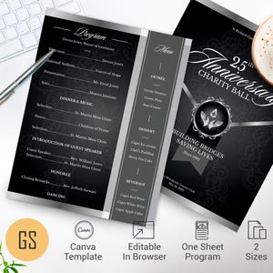 Puede incluir: Una plantilla de programa y menú de eventos en negro y plata. El programa detalla un 25º aniversario de gala benéfica. El menú enumera las opciones de entrantes, postres y bebidas. El diseño incluye una taza de café y un bolígrafo.