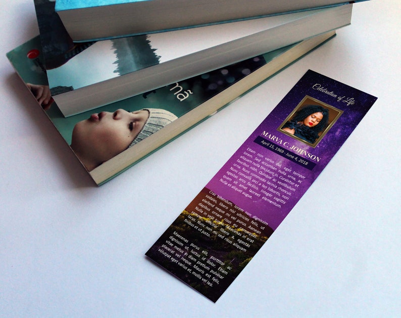 Vineyard Funeral Bookmark Word and Publisher Template is 2.5”x8”. The Vineyard image with the purple and lavender sky, and featured green foliage makes this a great gift to remember your loved one with dignity.