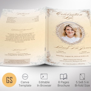 Plantilla de programa de funeral victoriano dorado para Canva, beige vintage, tamaño carta, 5,5 x 8,5 pulgadas, celebración de la vida, obituario de mujeres, 8 páginas