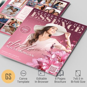 May include: A pink and white 8-page brochure with a photo of a woman wearing a white hat and a pink dress. The brochure is titled "Celebrating Her Essence" and has a QR code on the bottom right corner. The text "Service Friday Aug 25" is in a circle on the left side of the brochure.