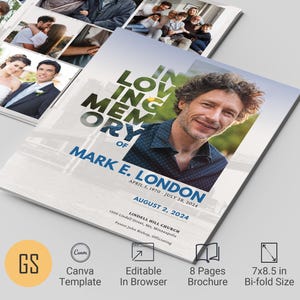 Modern Funeral Program Template: Blue & White, 8-Page (Canva, 7x8.5 in, Digital Download)