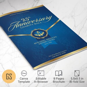 May include: A blue and gold bi-fold brochure template for a 25th Anniversary Charity Ball. The cover features the text St. Ricards Charity Foundation, 25th Anniversary Charity Ball, Building Bridges Saving Lives Since 1992, and The Woodlands Country Club May 23, 2022.