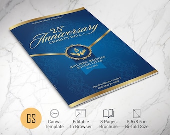 Blue Gold Gala Program Template: 4 Page Bifold Church Anniversary Brochure for Canva (5.5x8.5 in)