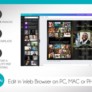 Loving Funeral Program Canva Template V1 - Black, 8 Pages, Print Size 11 x 8.5, Bi-fold to 5.5 x 8.5 inches. A modern funeral & memorial services template. It has gold decals and yellow text style laid over a decorative black and yellow background.