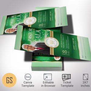 Pastor Anerkennung Bankett Ticket Vorlage - Grün Gold, Canva Vorlage, Jubiläum der Kirche, Benefizveranstaltung, 3 x 7 Zoll