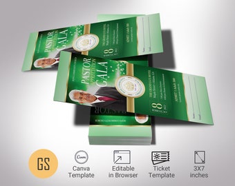 Pastor Appreciation Banquet Ticket Template - Green Gold, Canva Template, Church Anniversary, Fundraiser Event | 3x7 in