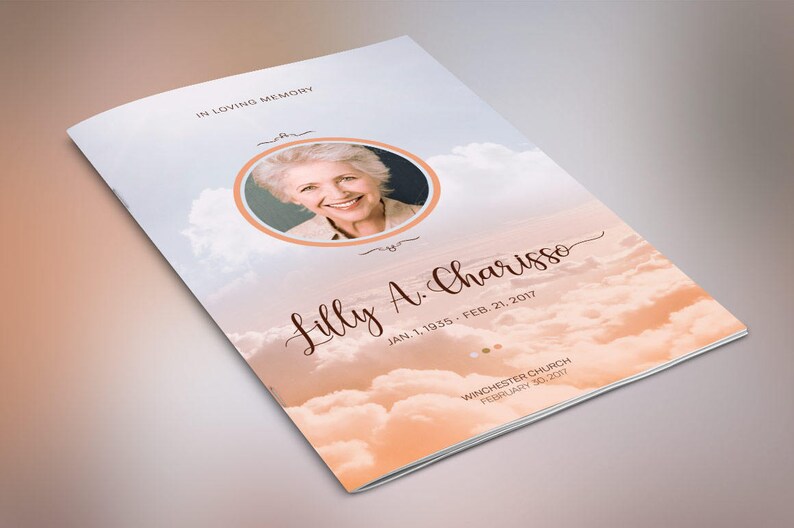 Heaven Funeral Program Word Publisher Template, 4 Pages, is for showcasing many images of your loved one. Use 9-10 images of family members and the hobbies and favorite places that bring back memories in this keepsake funeral program.