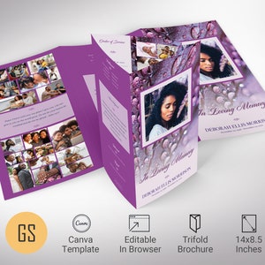 Purple Floral Funeral Program Template: Celebration of Life (14x8.5 inches Digital Download Canva