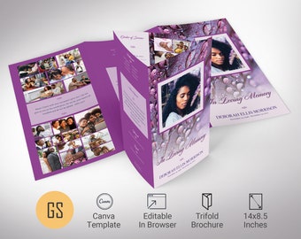 Purple Droplets Legal Trifold Funeral Program Template, Canva Template | Celebration of Life, Obituary Program for Women | 14x8.5 inch