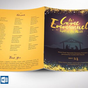 Pode incluir: Um programa amarelo e dourado para uma peça de teatro de Natal intitulada "Oh! Venha Emanuel, Luz do Mundo". O programa lista os participantes e inclui uma mensagem de agradecimento. A capa apresenta uma silhueta de uma cena de natividade com um fundo de noite estrelada.